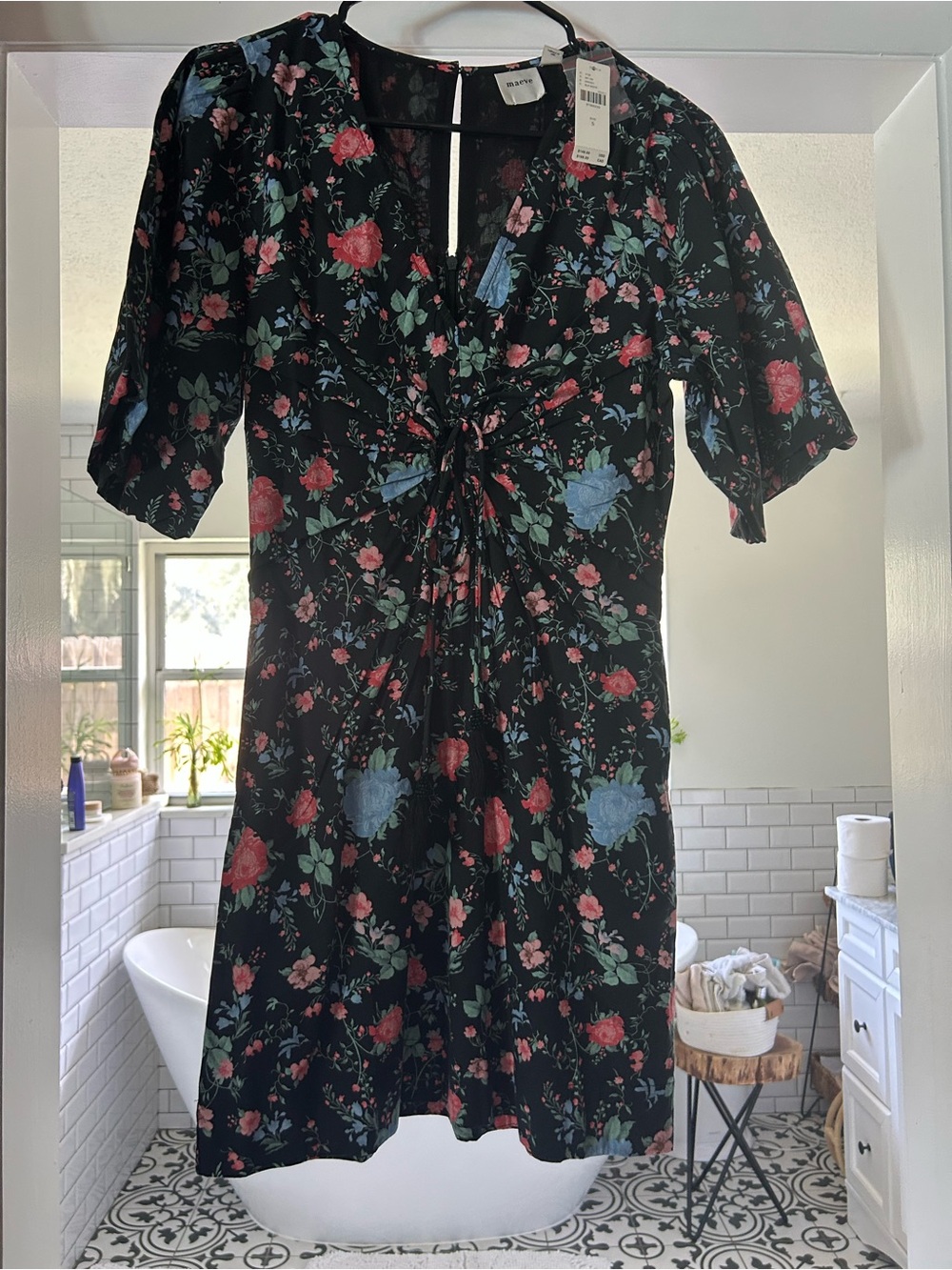 NWT Maeve Floral Twist-Front Mini Dress - Black with Red & Blue Flowers
